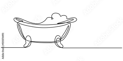 Continuous Line Drawing of Baby Bath Icon. Hand Drawn Symbol Vector Illustration, Bathtub in continuous line art drawing style. Clawfoot tub minimalist black linear design isolated on white background