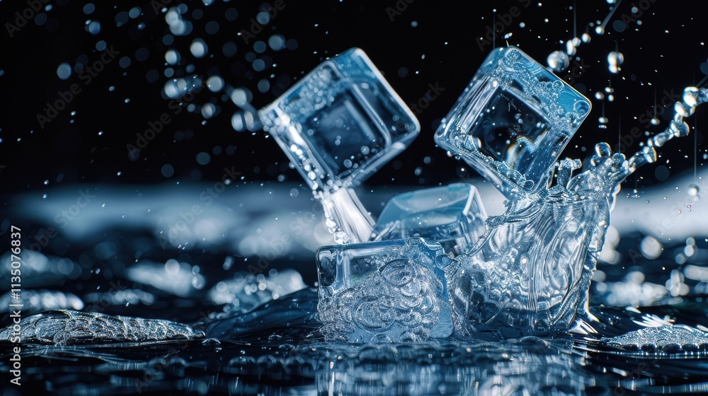 Melting Ice Cubes in Splashing Water with Dramatic Lighting Melting Ice Cubes in Splashing Water with Dramatic Lighting
