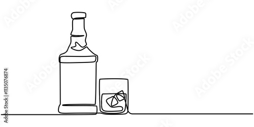 Continuous one line drawing. Bottle and glass of whiskey with ice. Vector illustration, Set of whiskey bottle and glass one line continuous drawing. Bourbon, scotch, brandy, hard drink icon. Hand draw