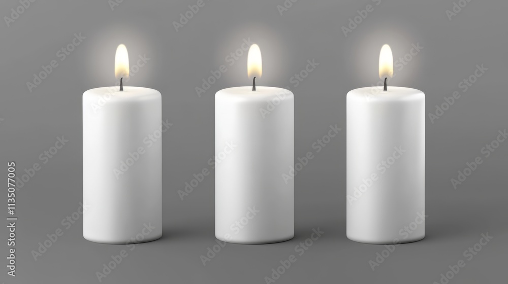 Three Elegant White Candles on a Grey Background Three Elegant White Candles on a Grey Background