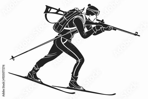 Biathlete Skiing with Rifle, Skier carrying a rifle on their back, mid-motion vector silhouette on a white background