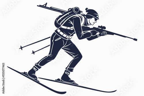 Biathlete Skiing with Rifle, Skier carrying a rifle on their back, mid-motion vector silhouette on a white background