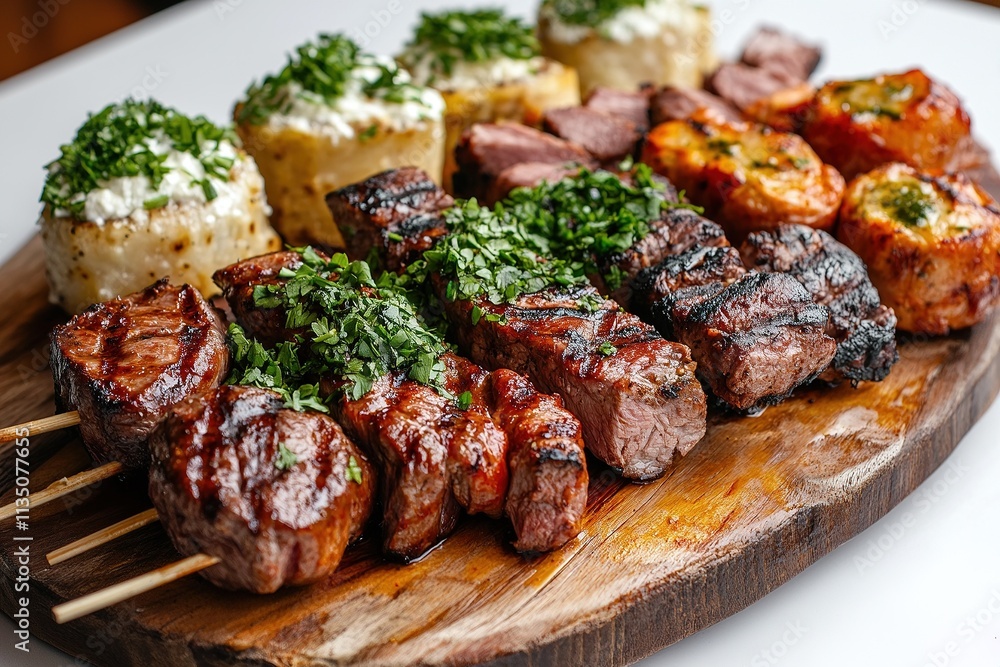 A platter of Brazilian churrasco featuring skewers of grilled meats, garnished with fresh herbs. A platter of Brazilian churrasco featuring skewers of grilled meats, garnished with fresh herbs.