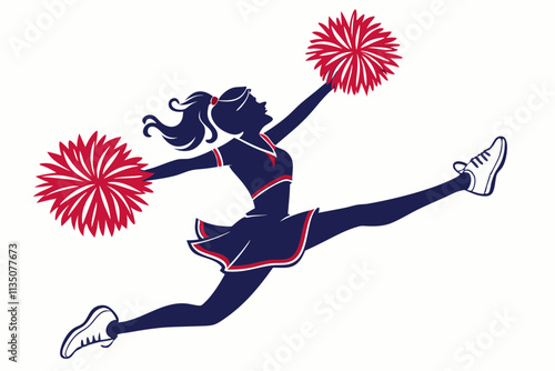 Cheerleader with Pom-Poms
A cheerleader mid-jump in a star or high-kick pose, with pom-poms extended for maximum energy vector silhouette on a white background