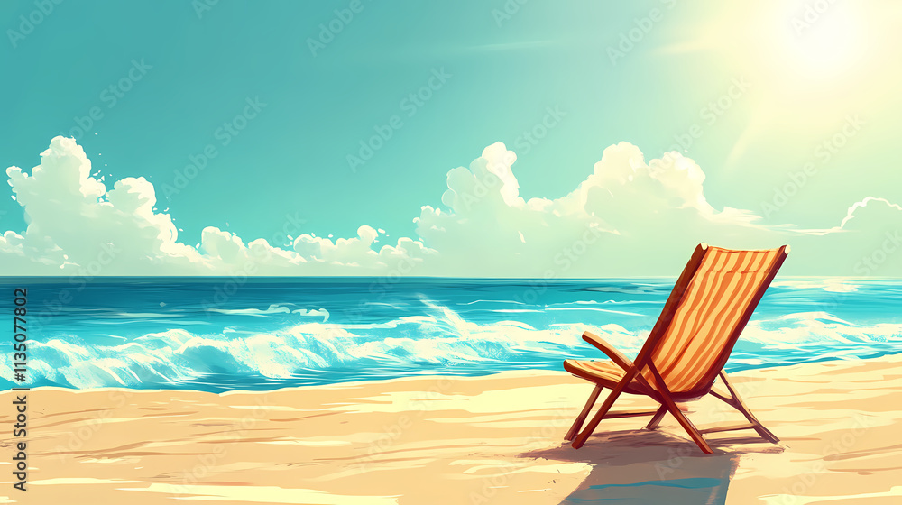 Serene moment of relaxation on a deckchair under the warm sun by the tranquil ocean waves. Blissful. Illustration Serene moment of relaxation on a deckchair under the warm sun by the tranquil ocean waves. Blissful. Illustration