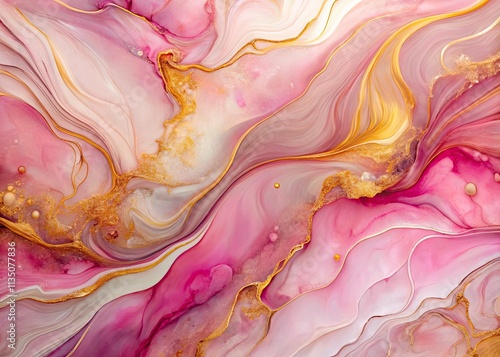 Pink Marble Alcohol Ink Background, Golden Lines, Pastel Abstract Watercolor, Generative AI Art