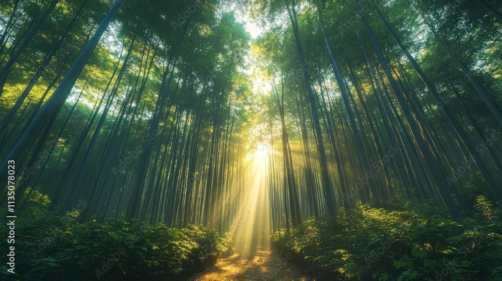 Fototapeta premium Golden Rays in the Bamboo Forest: A Serene Path