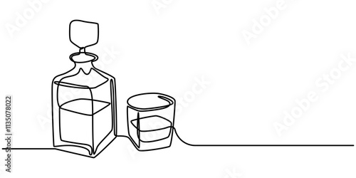 Continuous one line drawing. Bottle and glass of whiskey with ice. Vector illustration, Set of whiskey bottle and glass one line continuous drawing. Bourbon, scotch, brandy, hard drink icon. Hand draw