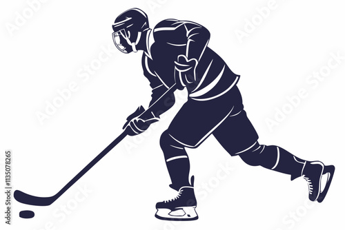 Hockey Player in Action Skater mid-stride with a stick and puck vector silhouette on a white background