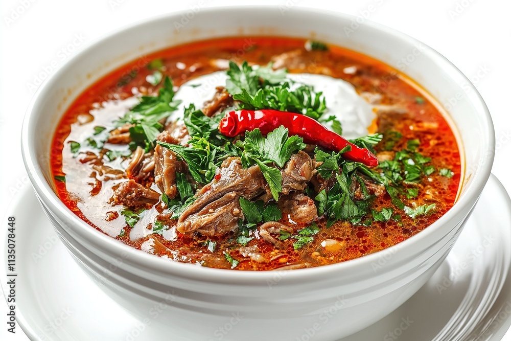 A bowl of creamy Romanian ciorbă de burtă (tripe soup) garnished with red chili, parsley, and sour cream. A bowl of creamy Romanian ciorbă de burtă (tripe soup) garnished with red chili, parsley, and sour cream.