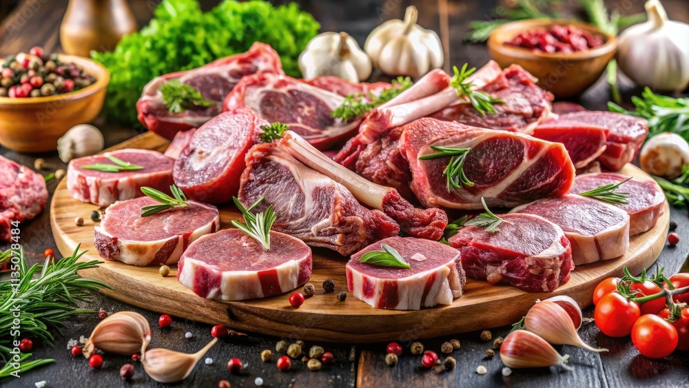 Raw Lamb Cuts: Butcher Shop Selection, Bokeh Background, Food Photography Raw Lamb Cuts: Butcher Shop Selection, Bokeh Background, Food Photography