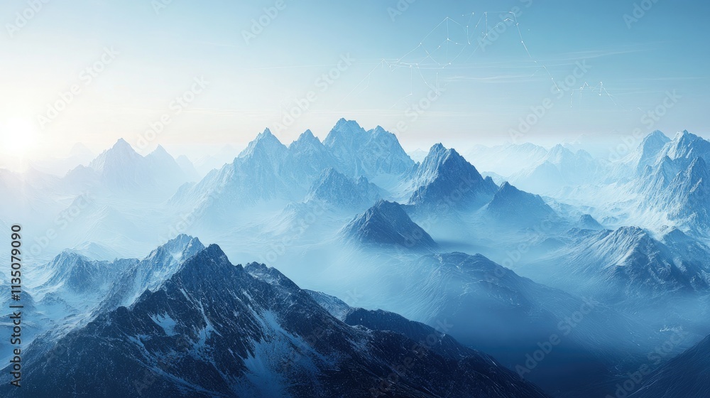 Fototapeta premium Majestic Winter Mountain Range Panorama: A Breathtaking View of Snow-Capped Peaks