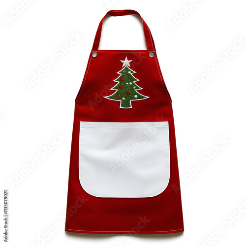 A festive red apron with a green Christmas tree design, perfect for holiday cooking and gatherings.