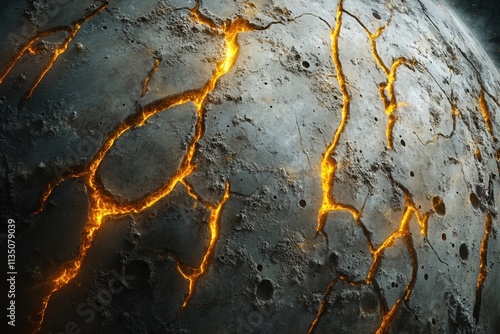 A close-up of an alien moon's cracked surface, glowing with molten lava fissures amidst rocky terrain under the vast expanse of space photo