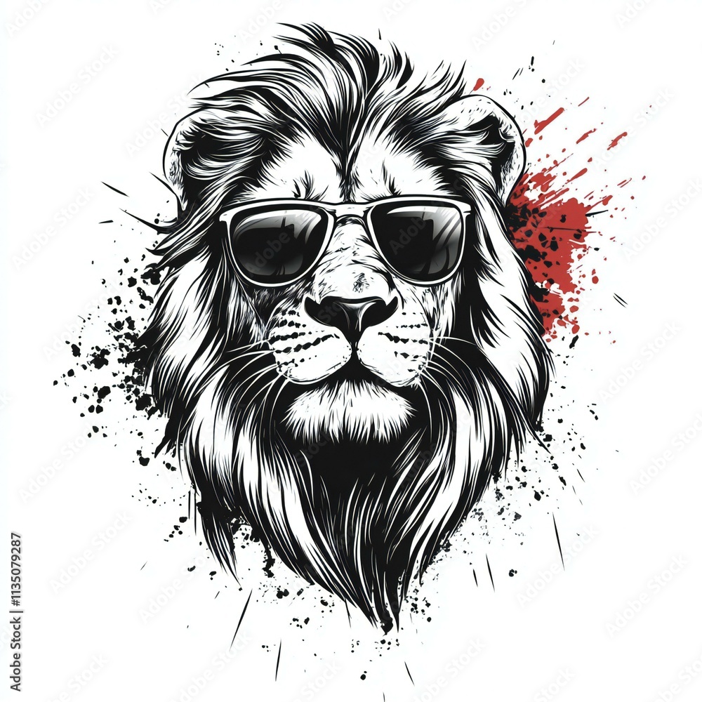 Fototapeta premium Cool Lion Sunglasses Graphic Design Ink Splatter Art