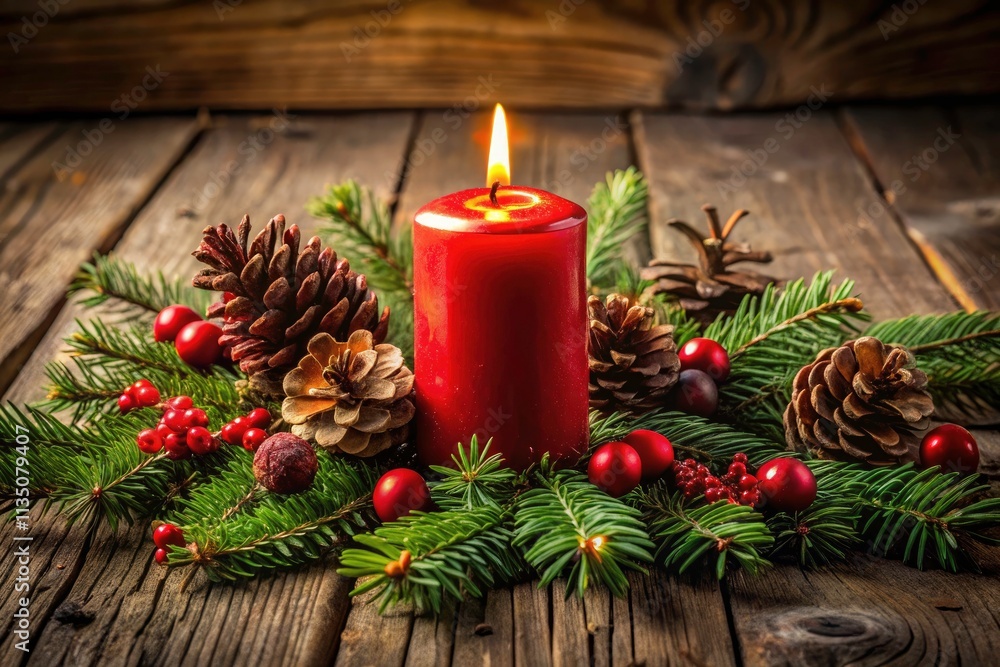 Rustic Christmas Candle Background: Red Advent Candle, Pine Cones, Branches, Wood Rustic Christmas Candle Background: Red Advent Candle, Pine Cones, Branches, Wood