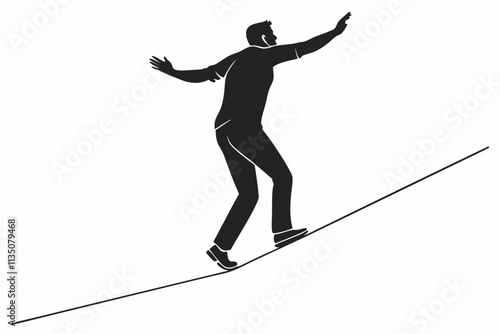 Slackline Walker,
A balanced figure on a tensioned line, arms outstretched, capturing the tension and focus of the sport vector silhouette on a white background