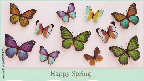 Springtime theme greeting card. Colorful butterflies on light pink background. A whimsical illustration of butterflies fluttering among vibrant pink and white flowers on a soft pink background. photo