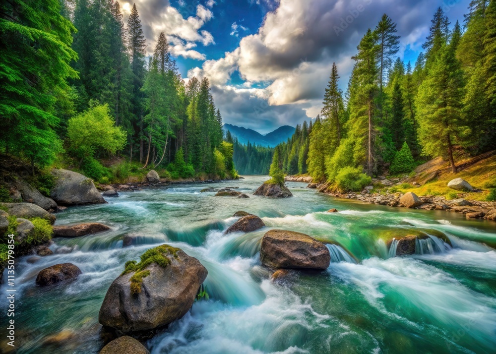 Scenic River in the Canadian Wilderness of British Columbia: Lush Greenery, Rocks, and Rapids Captured with the Rule of Thirds Scenic River in the Canadian Wilderness of British Columbia: Lush Greenery, Rocks, and Rapids Captured with the Rule of Thirds