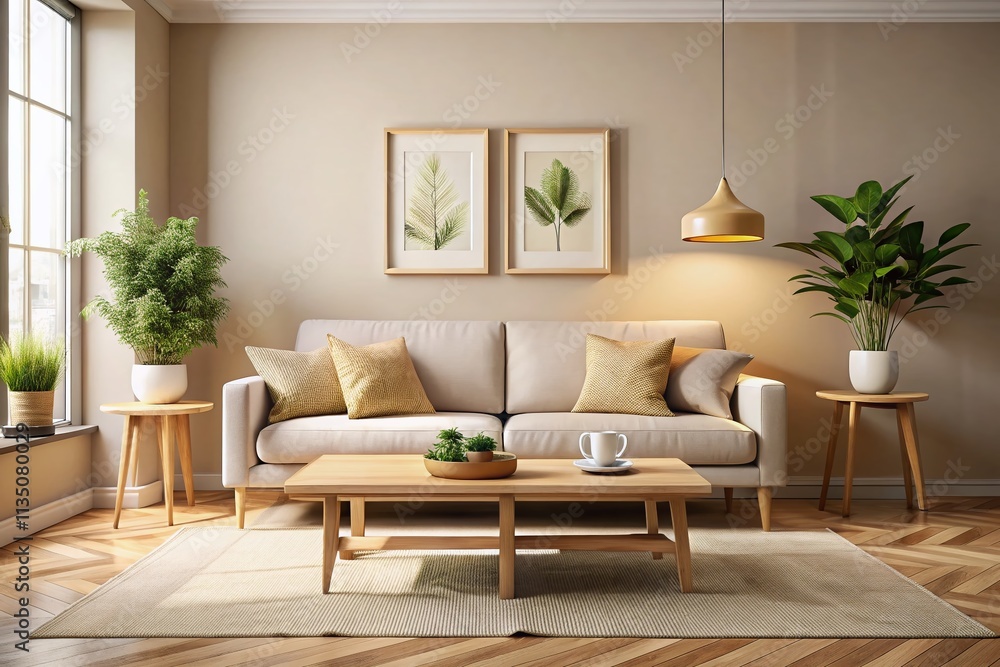 Modern Living Room with Beige Couch and Scandi Table Featuring Horizontal Large Frame for Art Mockups Ideal for Wall Decor Inspiration Modern Living Room with Beige Couch and Scandi Table Featuring Horizontal Large Frame for Art Mockups Ideal for Wall Decor Inspiration