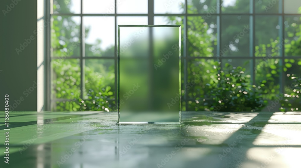 A blurred glass object stands on a table, surrounded by greenery and natural light. A blurred glass object stands on a table, surrounded by greenery and natural light.