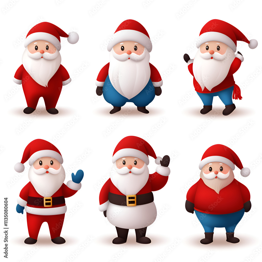 A cheerful collection of six cartoon Santa Claus characters in different poses and expressions, perfect for holiday-themed designs.