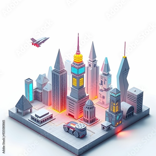 A futuristic cityscape constructed entirely from origami, with skyscrapers, flying cars, and glowing neon lights.