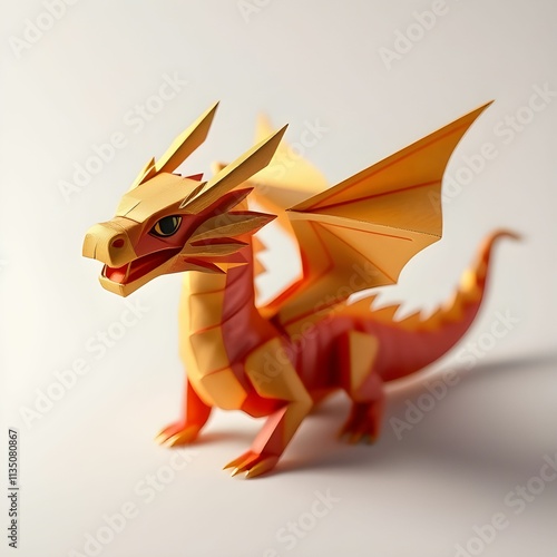 A detailed close-up of an intricate origami dragon with golden and red folds, set against a dramatic sunset background.