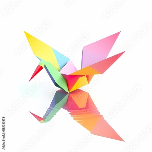 A vibrant paper crane made from rainbow-colored origami paper, floating above a calm lake with its reflection shimmering in the water.
