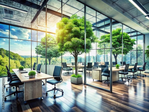 Modern Office Interior with Double Exposure Effect Showcasing Dynamic Work Environment and Nature Integration for Creative Inspiration and Productivity Enhancement