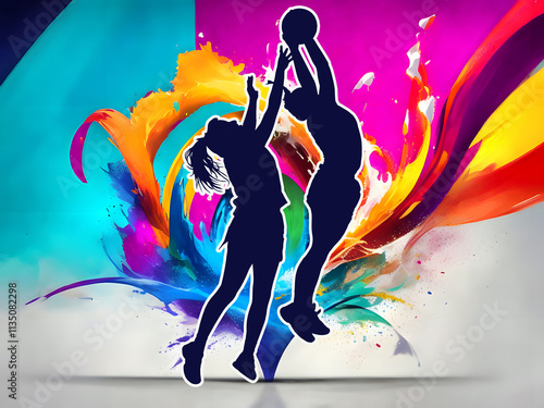 Sport Silhouette on Colorful Splash Background - Ladies netball players competing for ball in air