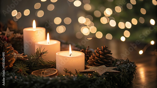 Burning candles on festive background