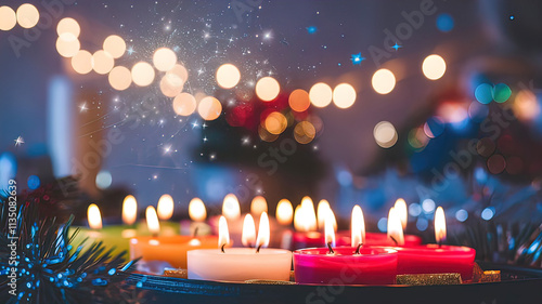 Burning candles on festive background