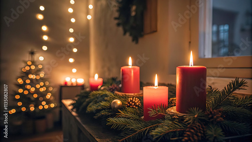 Burning candles on festive background