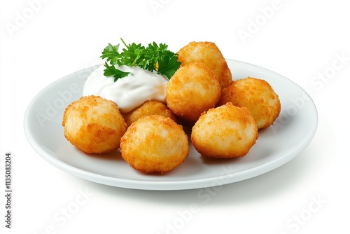 Belarusian kolduny dumplings served on a clean white plate with sour cream and parsley garnish. photo