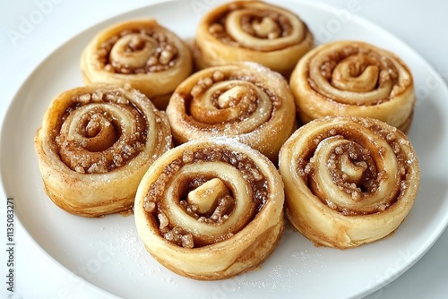 Finnish korvapuusti cinnamon rolls arranged neatly on a clean white plate, dusted with pearl sugar.