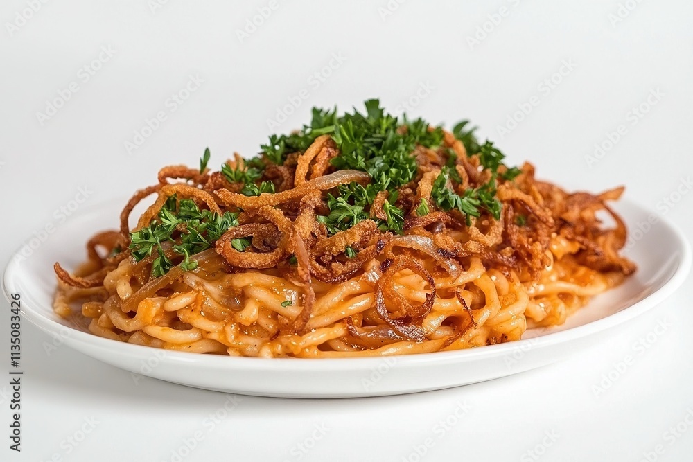 A plate of käsespätzle (cheese noodles) garnished with crispy fried onions and fresh parsley. A plate of käsespätzle (cheese noodles) garnished with crispy fried onions and fresh parsley.