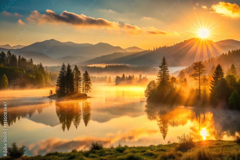 Fototapeta premium Serene sunrise: golden light bathes a tranquil landscape, capturing a peaceful morning scene.