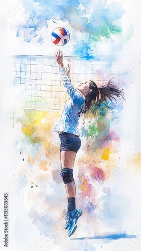 A vibrant watercolor painting of a girl leaping to hit a volleyball, set against a colorful, abstract background.