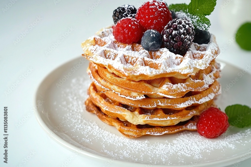 A stack of Liege waffles topped with powdered sugar and fresh berries. A stack of Liege waffles topped with powdered sugar and fresh berries.