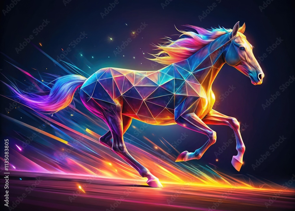 Running horse, depicted in low-poly triangle art, features particle effects mimicking a long exposure blur.
