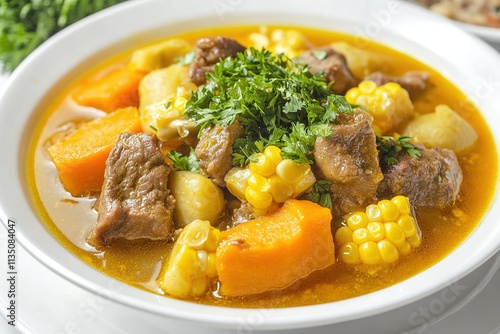 A bowl of locro (Argentine stew) with pumpkin, corn, and meat, garnished with parsley. photo