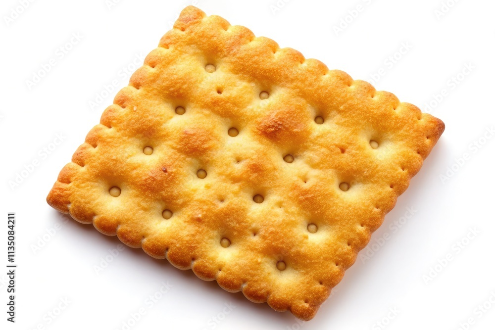 Overhead view of a salty cracker biscuit, crisp texture highlighted against a pristine white background. Overhead view of a salty cracker biscuit, crisp texture highlighted against a pristine white background.