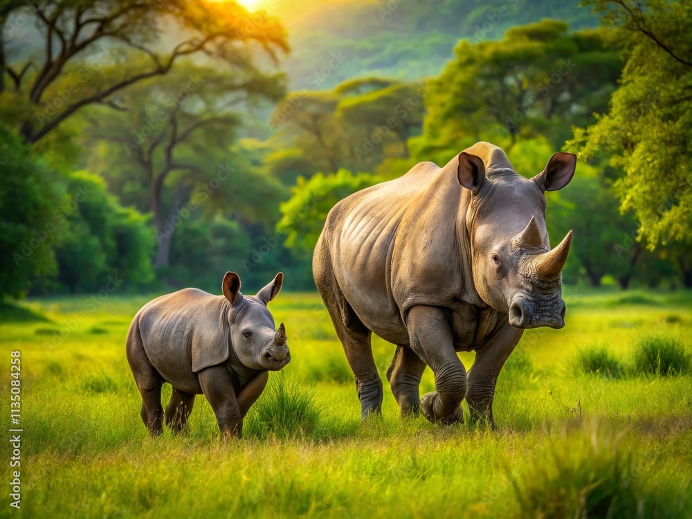 Obraz premium Mother Rhinoceros and Calf Walking Through a Grassy Field in a Natural Setting, Showcasing Their Bond in the Wild with Lush Greenery and Vibrant Landscape