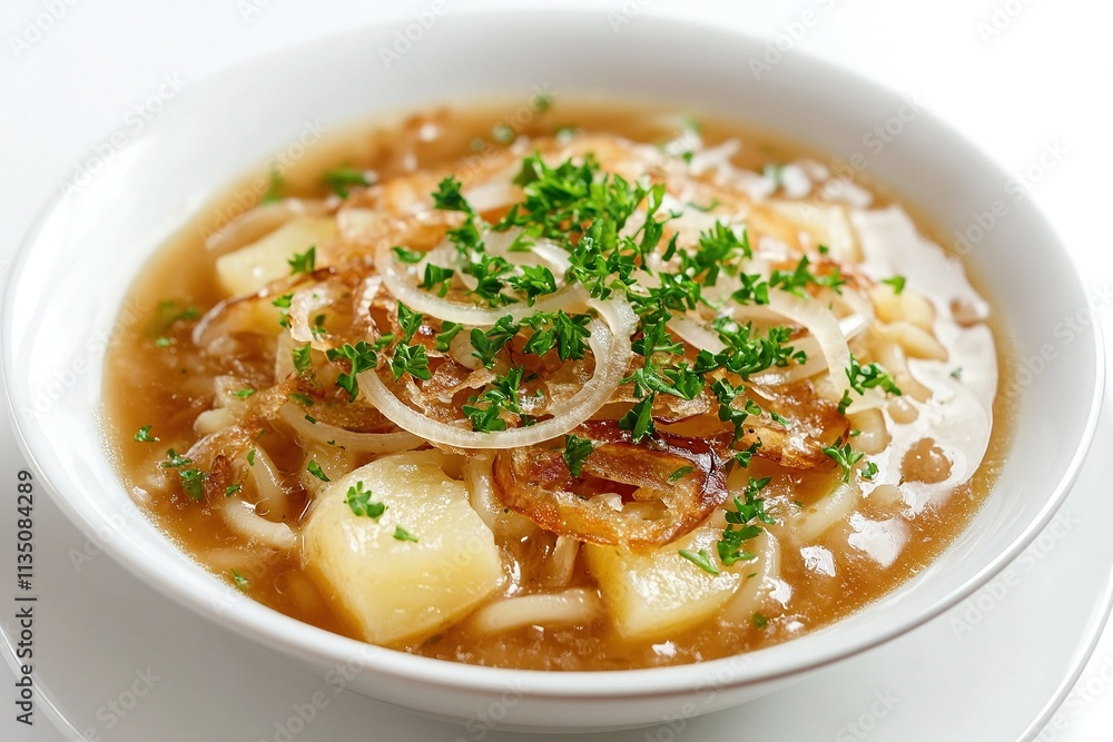 A bowl of Älplermagronen (Swiss alpine macaroni) with pasta, cheese, potatoes, and fried onions. A bowl of Älplermagronen (Swiss alpine macaroni) with pasta, cheese, potatoes, and fried onions.