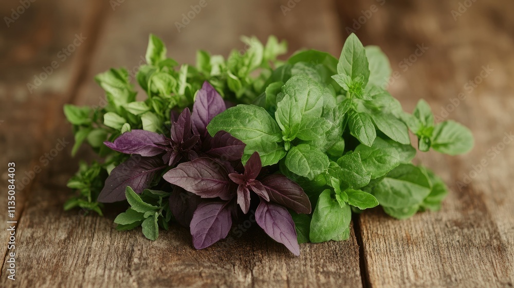 Aromatic Fresh Basil Herbs on Rustic Wooden Background Aromatic Fresh Basil Herbs on Rustic Wooden Background