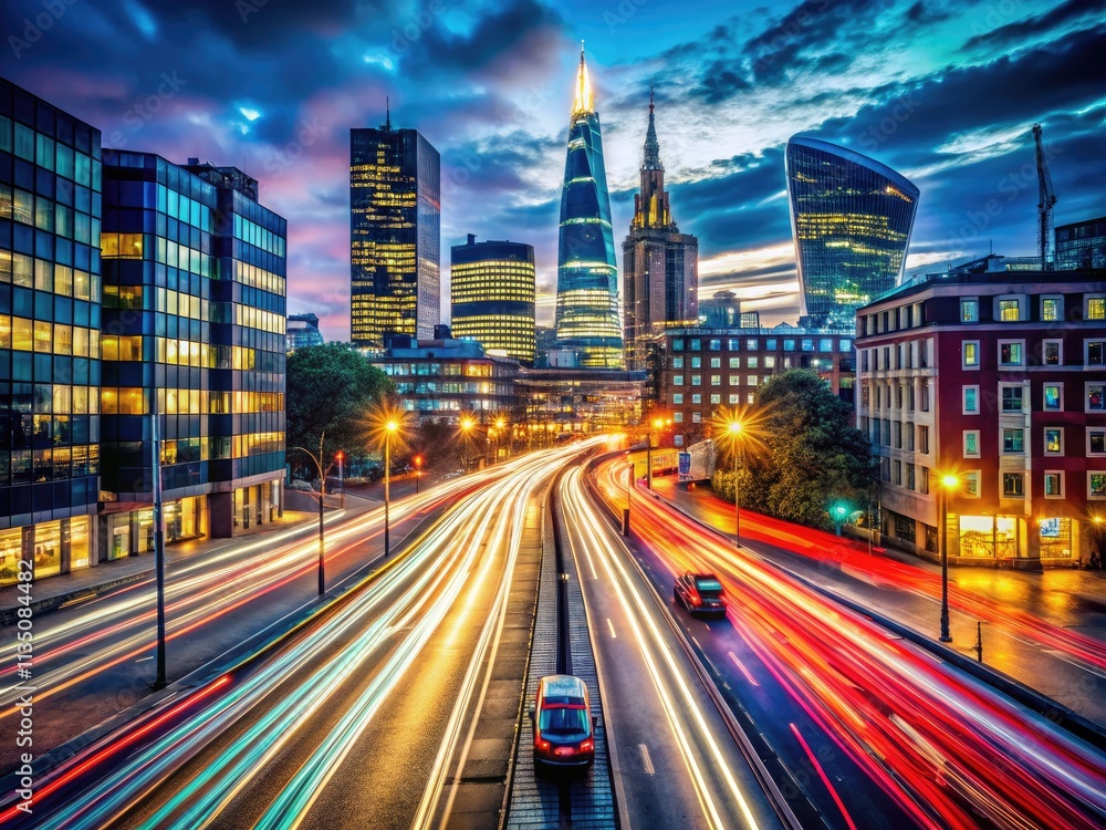 Fototapeta premium Night falls on London; vibrant city lights, blurred motion, a captivating urban timelapse.