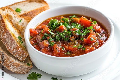 A bowl of Bulgarian lyutenitsa (tomato and pepper spread) garnished with olive oil and parsley. photo