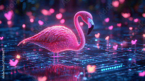 A glowing flamingo icon surrounded by social behavior data, representing online birdwatching platforms, digital conservation tools, and wildlife education resources.  