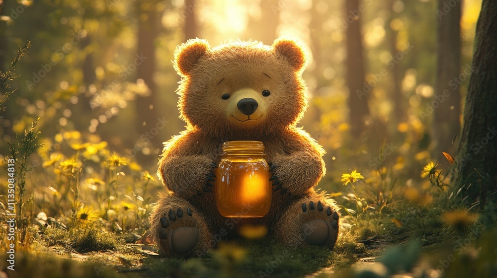 Fototapeta premium Adorable Honey Bear in a Sunlit Forest